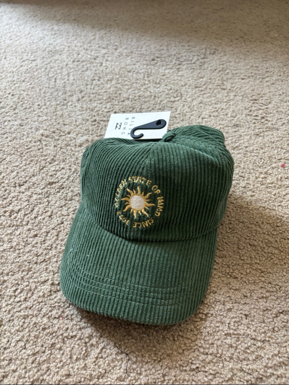 BILLABONG Green Corduroy Beanie with Sun Embroidery